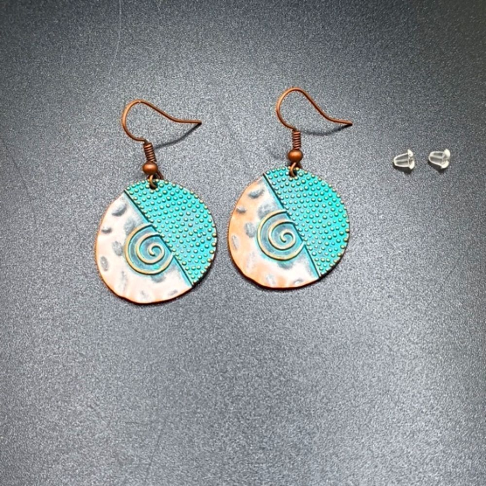 Bronze turquoise tribal engraved circle earrings boho ethnic design
